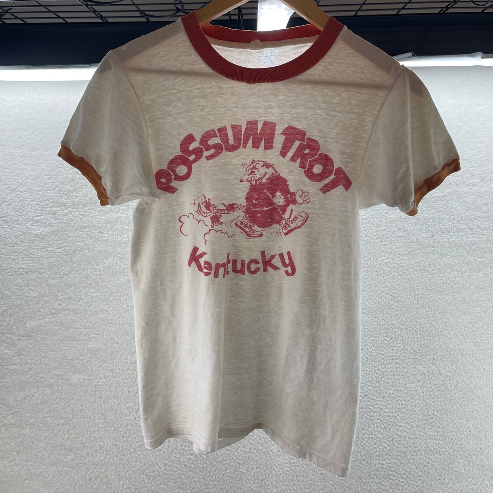 VTG 70s Ringer Shirt Mens S White Red Paper Thin Kentucky Possum Trot Burnout